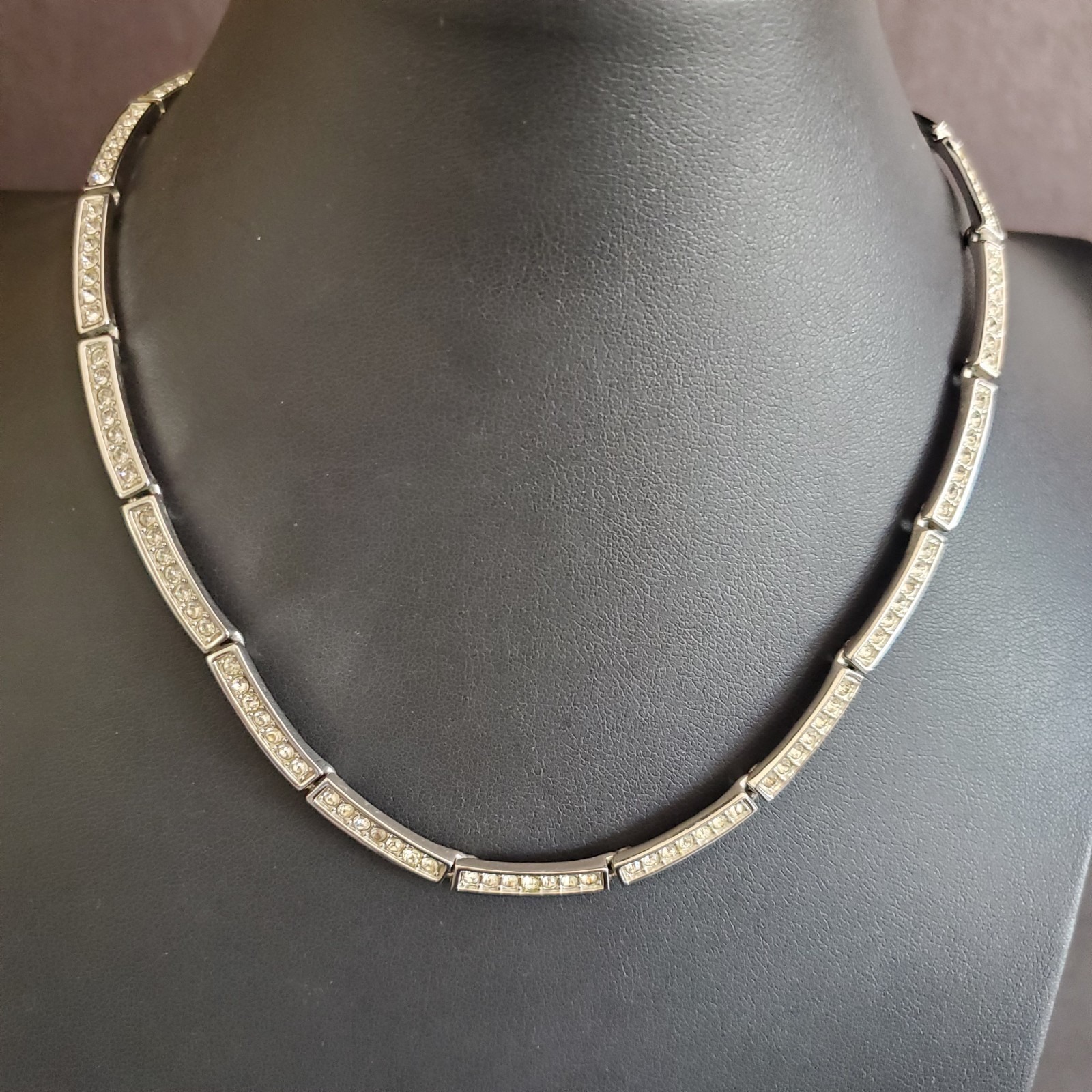 Swarovski Clear Crystal Rhodium Plated Bar Link Choker Necklace Swan Signed 34$